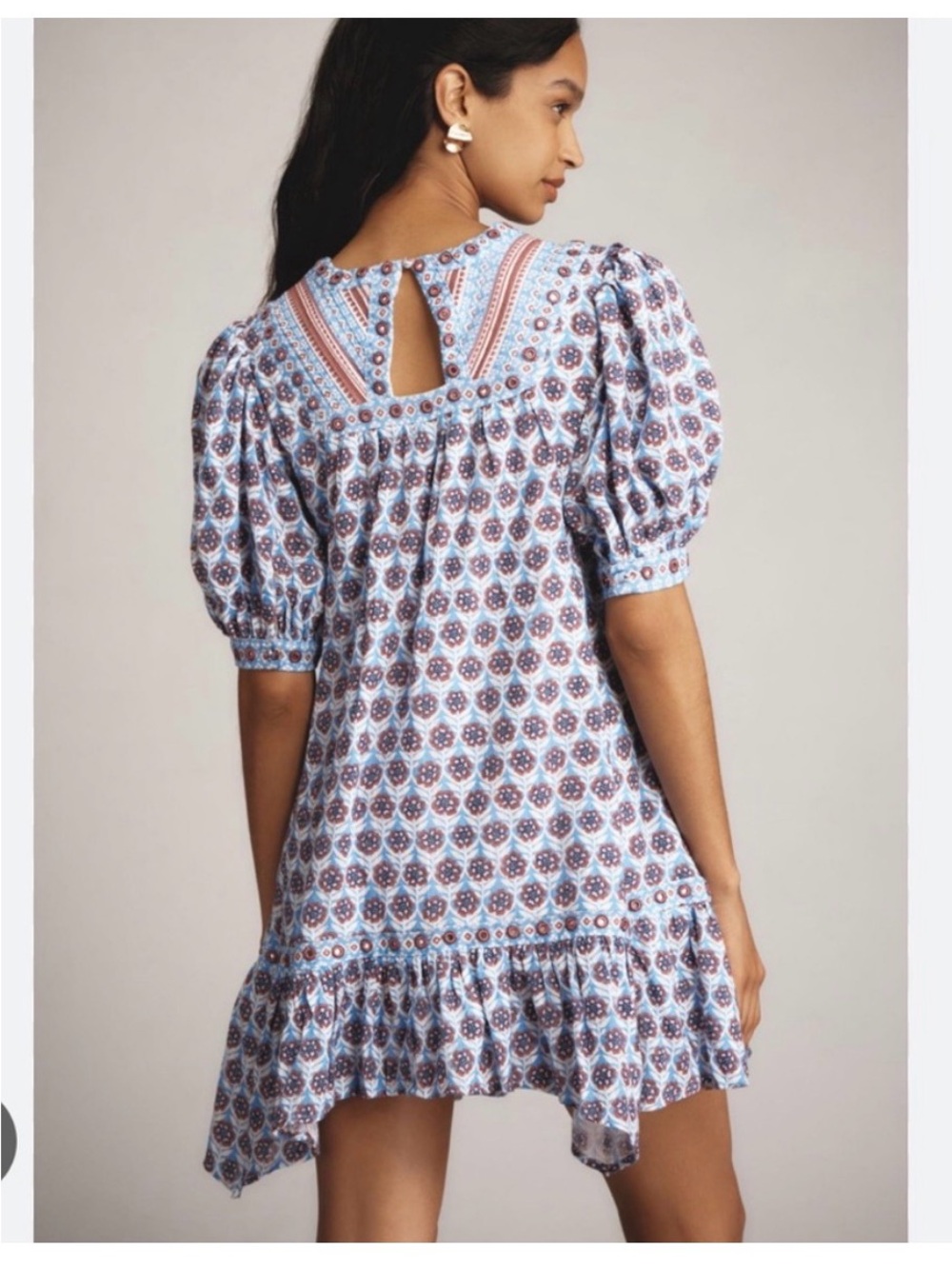 Anthropologie Maeve Light Blue Printed V-Neck Puff Sleeve Tunic - Picture 3 of 6